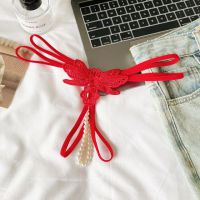 GS385 - Celana Dalam G-String Mutiara Crotchless Merah Bordir Kupu-Kupu Tali 2