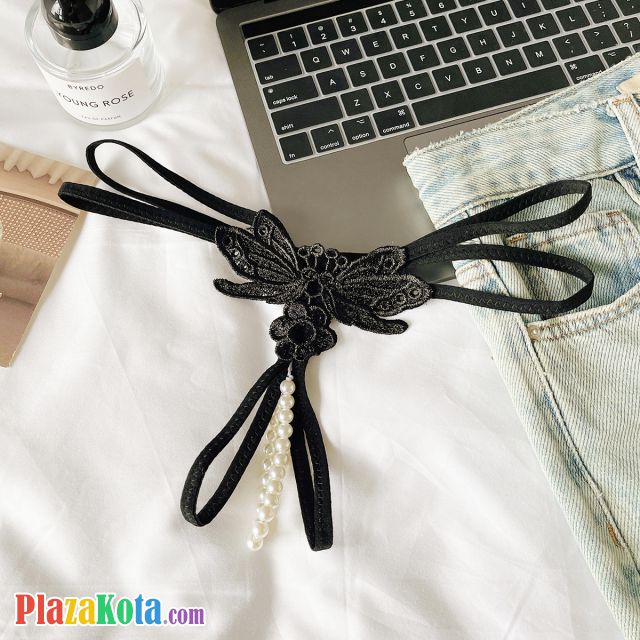 GS386 - Celana Dalam G-String Mutiara Crotchless Hitam Bordir Kupu-Kupu Tali 2 - Photo 1