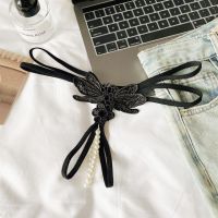 GS386 - Celana Dalam G-String Mutiara Crotchless Hitam Bordir Kupu-Kupu Tali 2