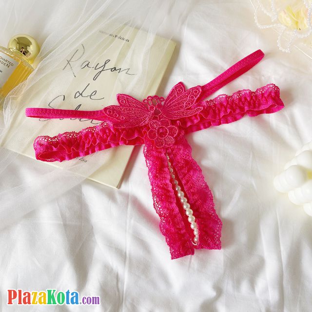 GS387 - Celana Dalam G-String Mutiara Crotchless Magenta Bordir Kupu-Kupu Karet Renda Tali 2 - Photo 1