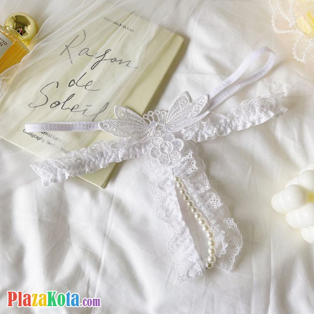 GS388 - Celana Dalam G-String Mutiara Crotchless Putih Bordir Kupu-Kupu Karet Renda Tali 2 - Photo 1