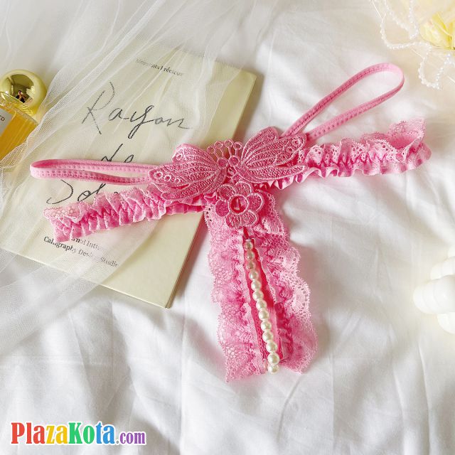 GS389 - Celana Dalam G-String Mutiara Crotchless Pink Bordir Kupu-Kupu Karet Renda Tali 2 - Photo 1