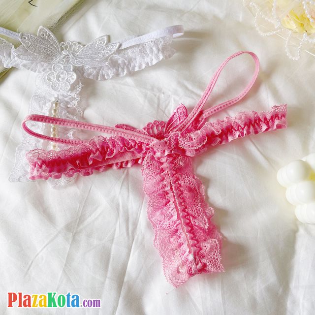 GS389 - Celana Dalam G-String Mutiara Crotchless Pink Bordir Kupu-Kupu Karet Renda Tali 2 - Photo 2