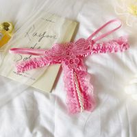 GS389 - Celana Dalam G-String Mutiara Crotchless Pink Bordir Kupu-Kupu Karet Renda Tali 2