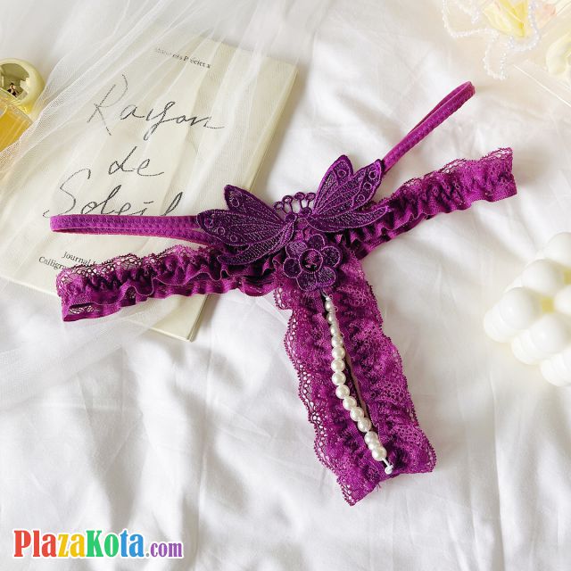 GS390 - Celana Dalam G-String Mutiara Crotchless Ungu Bordir Kupu-Kupu Karet Renda Tali 2 - Photo 1