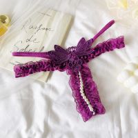GS390 - Celana Dalam G-String Mutiara Crotchless Ungu Bordir Kupu-Kupu Karet Renda Tali 2