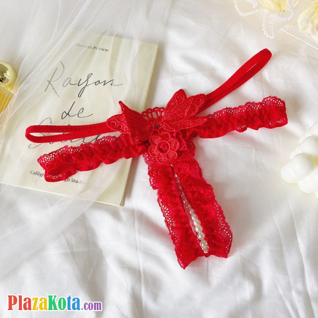 GS391 - Celana Dalam G-String Mutiara Crotchless Merah Bordir Kupu-Kupu Karet Renda Tali 2 - Photo 1