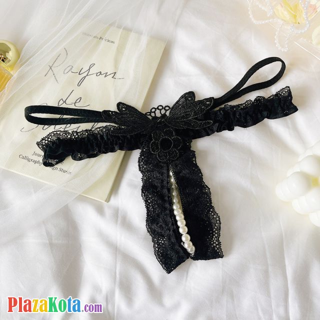 GS392 - Celana Dalam G-String Mutiara Crotchless Hitam Bordir Kupu-Kupu Karet Renda Tali 2 - Photo 1