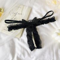 GS392 - Celana Dalam G-String Mutiara Crotchless Hitam Bordir Kupu-Kupu Karet Renda Tali 2