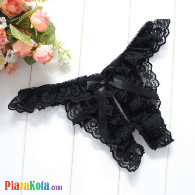 GS397 - Celana Dalam G-String Wanita Crotchless Hitam Karet Renda - Photo 1