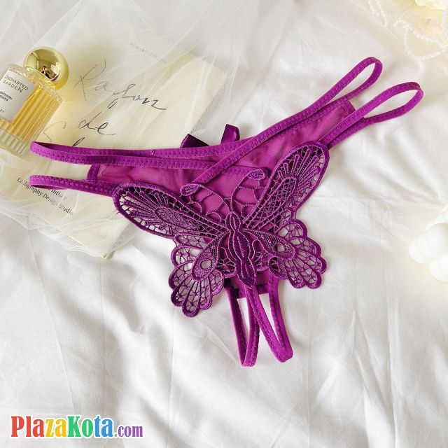 P654 - Celana Dalam Panties Thong Ungu Crotchless Bordir Kupu-Kupu Tali 2 - Photo 2