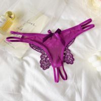 P654 - Celana Dalam Panties Thong Ungu Crotchless Bordir Kupu-Kupu Tali 2