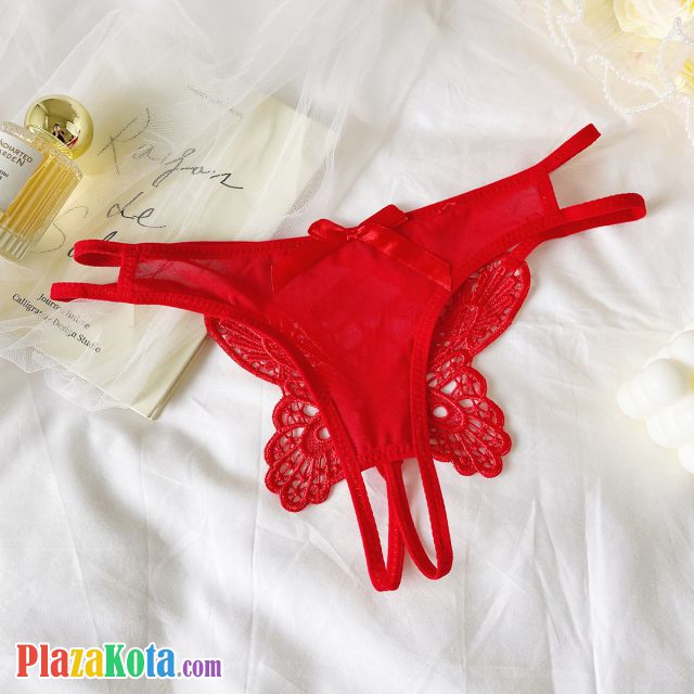 P655 - Celana Dalam Panties Thong Merah Crotchless Bordir Kupu-Kupu Tali 2 - Photo 1