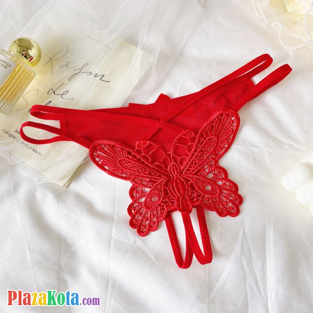 P655 - Celana Dalam Panties Thong Merah Crotchless Bordir Kupu-Kupu Tali 2 - Photo 2
