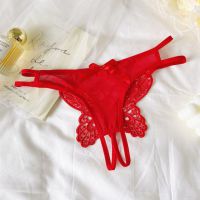 P655 - Celana Dalam Panties Thong Merah Crotchless Bordir Kupu-Kupu Tali 2