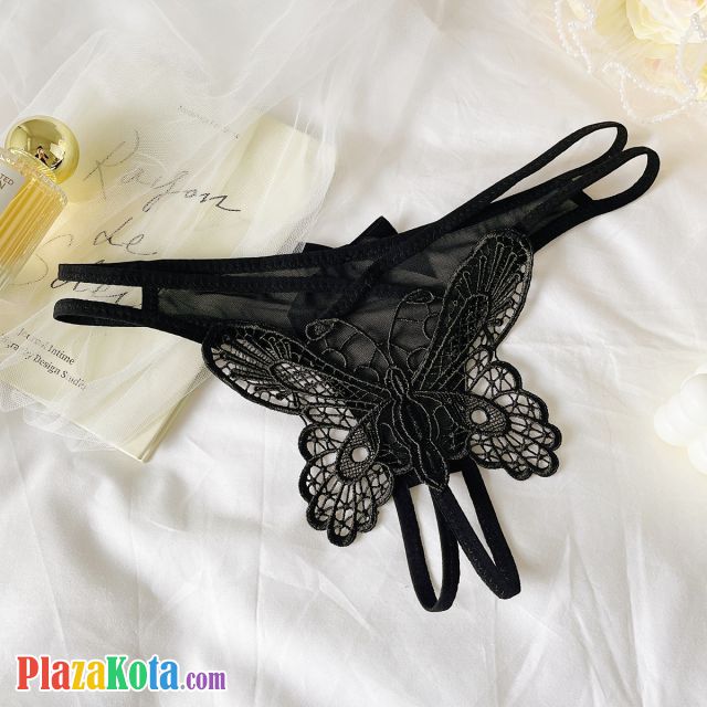 P656 - Celana Dalam Panties Thong Hitam Crotchless Bordir Kupu-Kupu Tali 2 - Photo 2