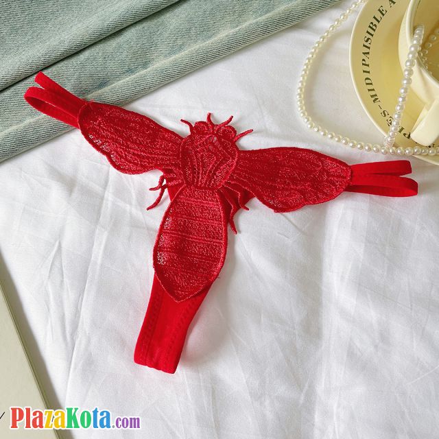 P660 - Celana Dalam Panties Thong Merah Bordir Lebah Tali 2