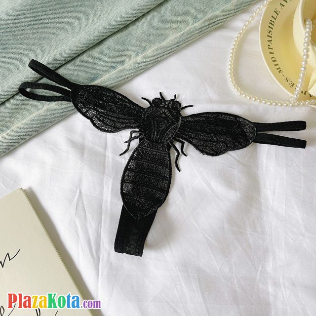 P662 - Celana Dalam Panties Thong Hitam Bordir Lebah Tali 2 - Photo 1