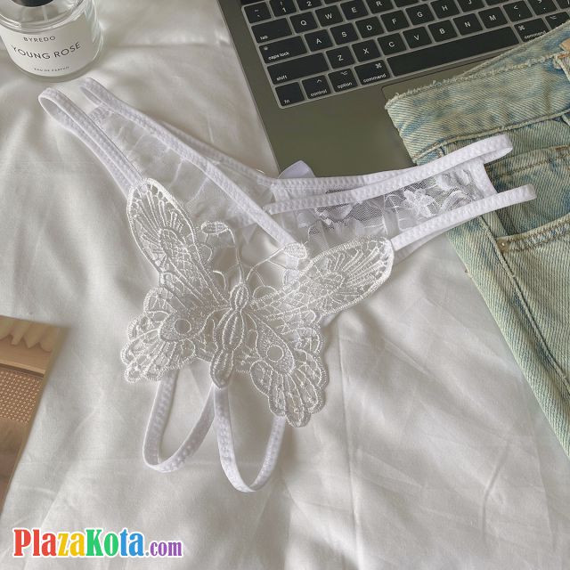 P664 - Celana Dalam Panties Thong Crotchless Putih Bordir Kupu-Kupu Tali 2 - Photo 1