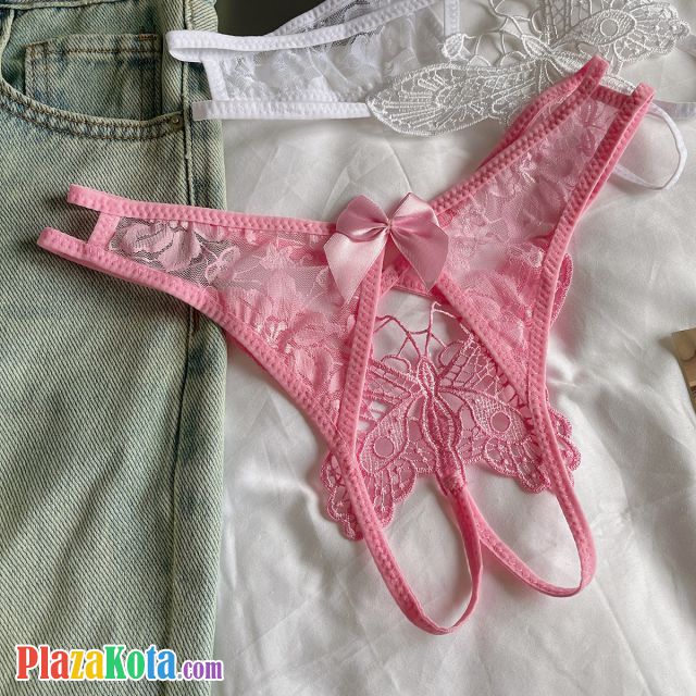 P665 - Celana Dalam Panties Thong Crotchless Pink Bordir Kupu-Kupu Tali 2 - Photo 2