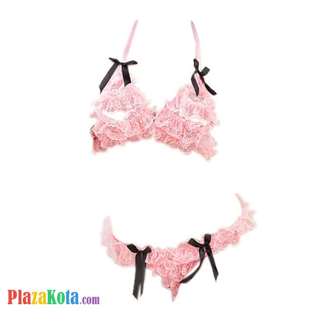 B049 - Bra Set Bralette Halter Open Cup Pink Celana Dalam Crotchless - Photo 1