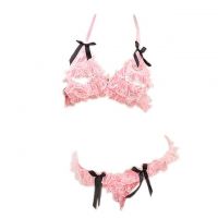 B049 - Bra Set Bralette Halter Open Cup Pink Celana Dalam Crotchless