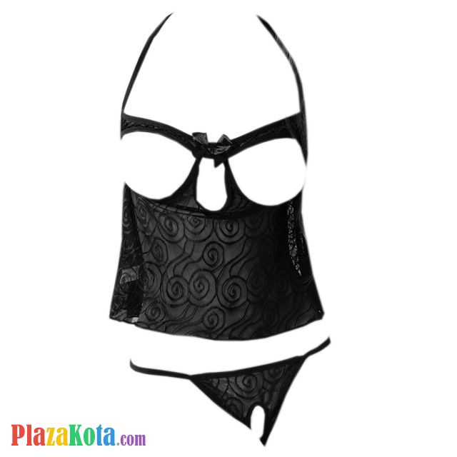 B051 - Bra Set Bralette Cami Halter Open Cup Hitam Celana Dalam Crotchless - Photo 1