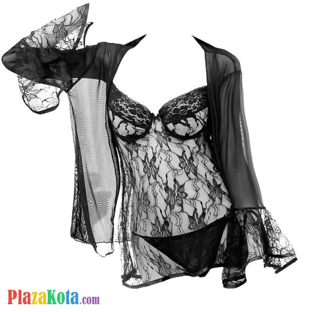 L0281 - Baju Tidur Lingerie Robe Kimono Dress Hitam Transparan Lengan Panjang Baju Dalam Bra Kawat - Photo 1