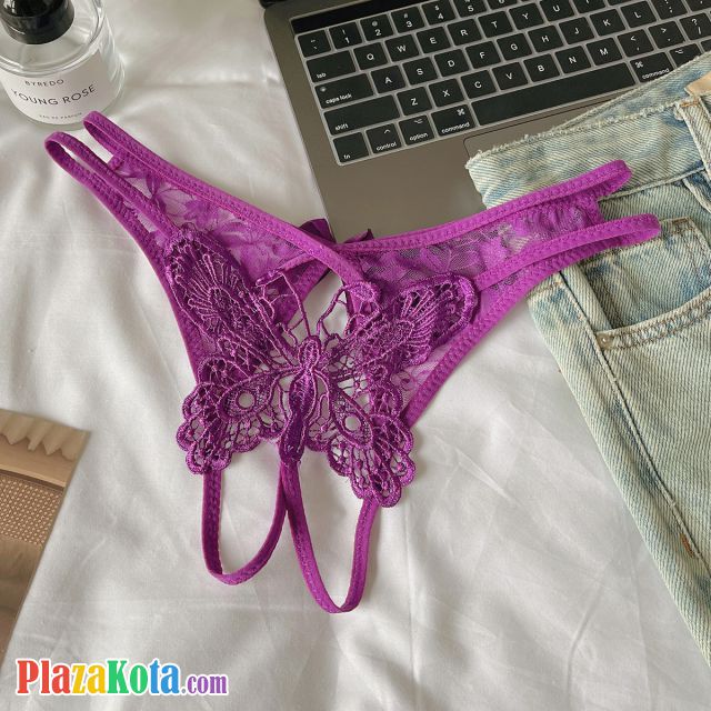 P666 - Celana Dalam Panties Thong Crotchless Ungu Bordir Kupu-Kupu Tali 2 - Photo 1