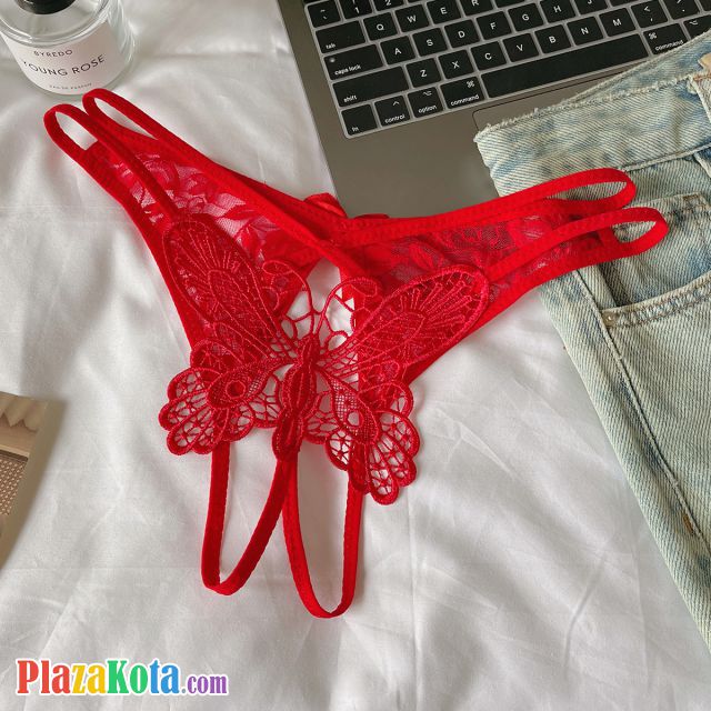 P667 - Celana Dalam Panties Thong Crotchless Merah Bordir Kupu-Kupu Tali 2 - Photo 1