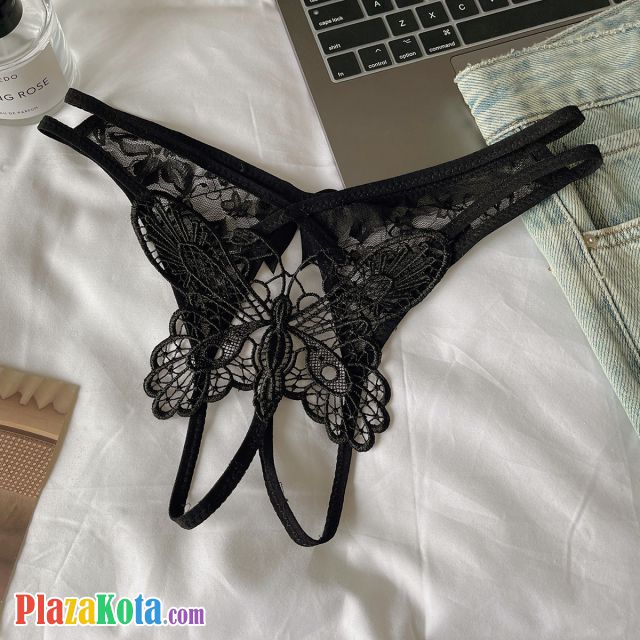 P668 - Celana Dalam Panties Thong Crotchless Hitam Bordir Kupu-Kupu Tali 2 - Photo 1