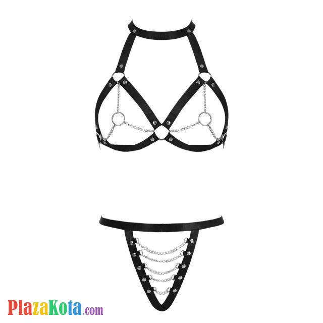 B375 - Bra Set Bralette Halter Hitam Open Cup Celana Dalam Crotchless Rantai Silver - Photo 1