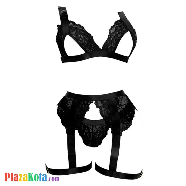 B376 - Bra Set Bralette Hitam Open Cup Celana Dalam Garter Belt Paha - Photo 1