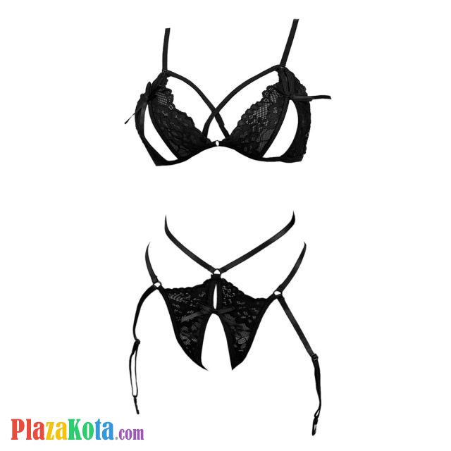 B377 - Bra Set Bralette Hitam Open Cup Celana Dalam Crotchless Garter Stocking - Photo 1