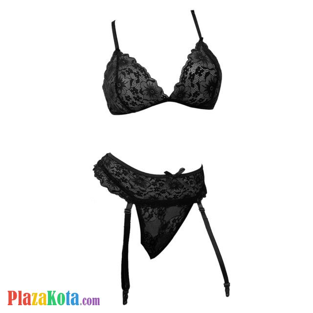 B378 - Bra Set Bralette Hitam Celana Dalam Garter Belt Stocking - Photo 1