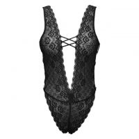 L1326 - Baju Tidur Lingerie Teddy Bodysuit Dress Hitam Transparan Belahan Dada Rendah