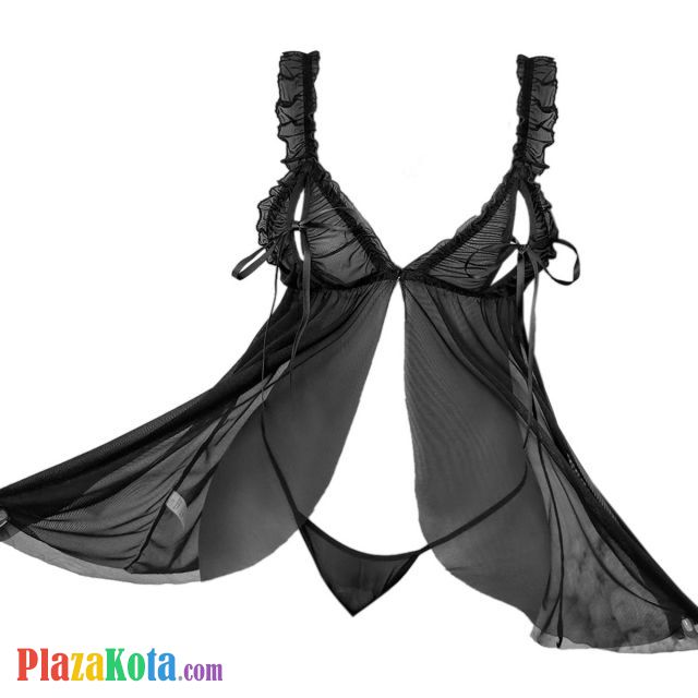L1328 - Baju Tidur Lingerie Babydoll Mini Dress Hitam Transparan Open Cup Belah Depan - Photo 1