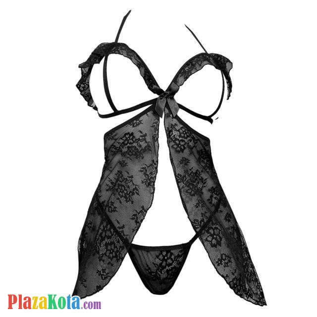 L1335 - Baju Tidur Lingerie Babydoll Mini Dress Halter Hitam Transparan Open Cup Belah Depan - Photo 1