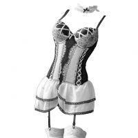 L1339 - Baju Tidur Dinas Malam Wanita Lingerie Set Stocking Seksi Putih Bra Kawat Cup Busa Garter Strap