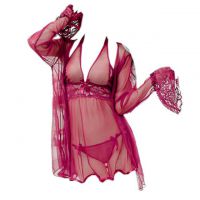 L0357 - Lingerie Robe Halterneck Marun Transparan, Lengan Panjang, Baju Dalam