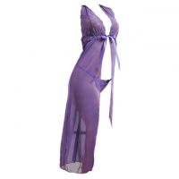 L0364 - Lingerie Long Gown Halterneck Ungu Transparan