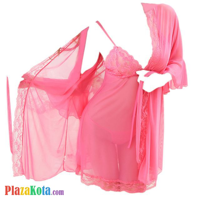 L0374 - Baju Tidur Dinas Malam Wanita Lingerie Kimono Jubah Seksi Magenta Transparan Lengan Panjang Baju Dalam - Photo 2