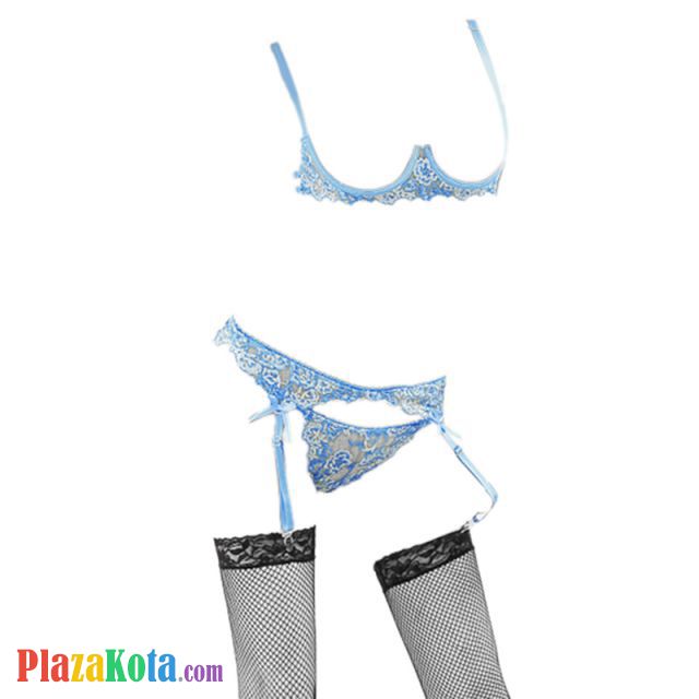 B088 - Bra Set Underwire Kawat Open Cup Biru Celana Dalam Garter Belt Stocking - Photo 1