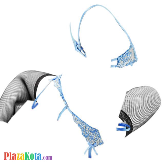 B088 - Pakaian Dalam Wanita Bra Set Kawat Underwire Seksi Open Cup Biru Garter Belt Stocking - Photo 2