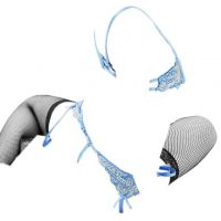B088 - Pakaian Dalam Wanita Bra Set Kawat Underwire Seksi Open Cup Biru Garter Belt Stocking - Thumbnail 2