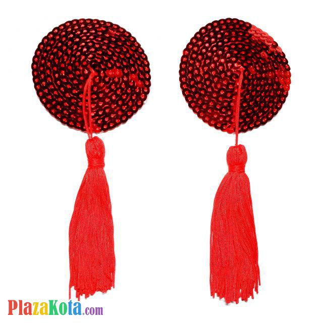 N082 - Nipple Cover Reusable Bulat Manik Merah Rumbai Merah - Photo 1