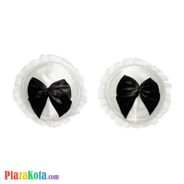 N135 - Nipple Cover Reusable Bulat Putih Pita Hitam Tepi Renda Putih - Photo 1