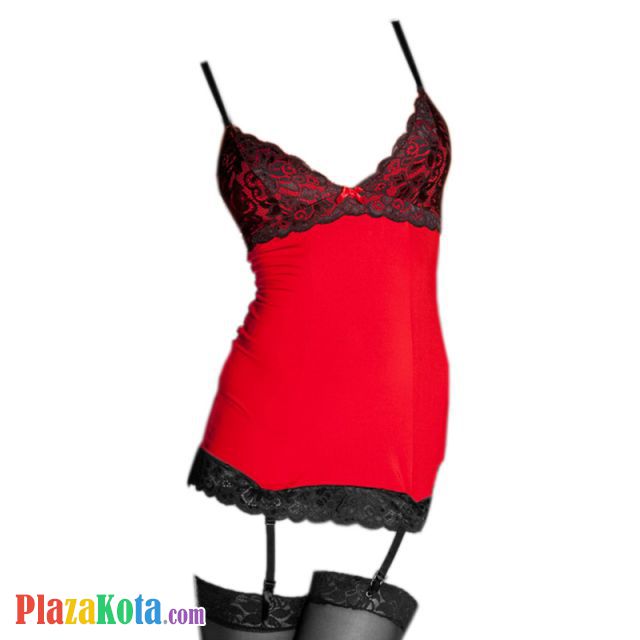 L0396 - Baju Tidur Lingerie Bodycon Sheath Dress Merah Garter Strap Stocking - Photo 1