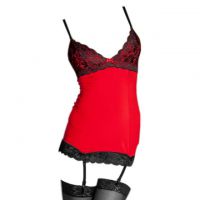 L0396 - Baju Tidur Lingerie Chemise Sheath Dress Merah Garter Strap Stocking
