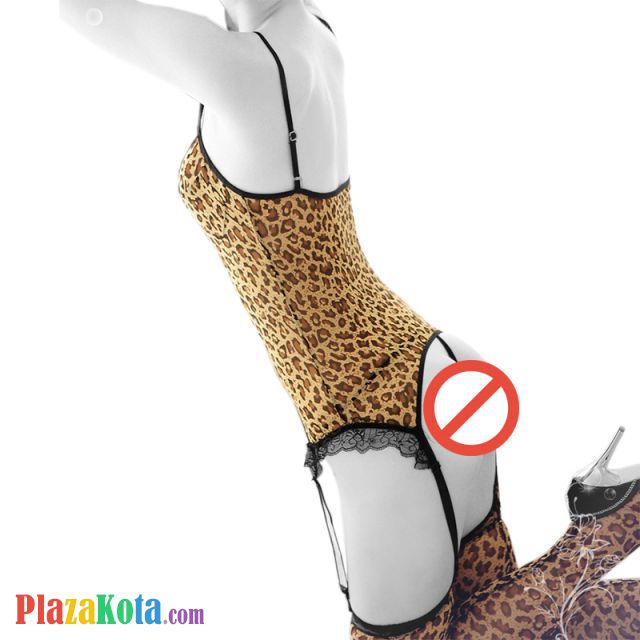L0420 - Baju Tidur Lingerie Bustier Corset Dress Macan Tutul Coklat Sarung Tangan Garter Strap Stocking Macan Tutul - Photo 2